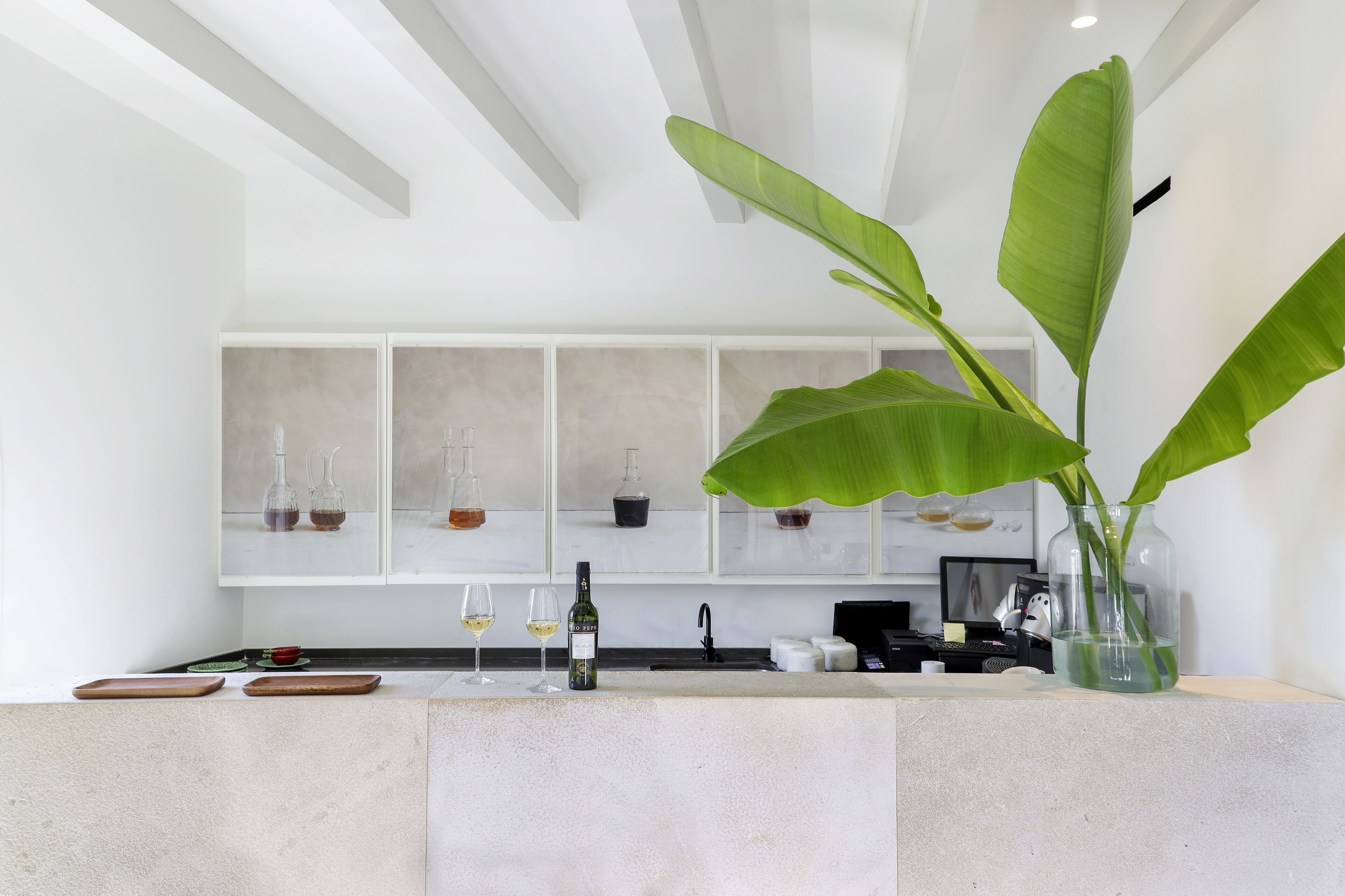 A modern kitchen with a countertop, wine glasses, a bottle, and a plant.