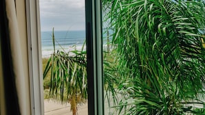 Una ventana con vista a una playa y una palmera.