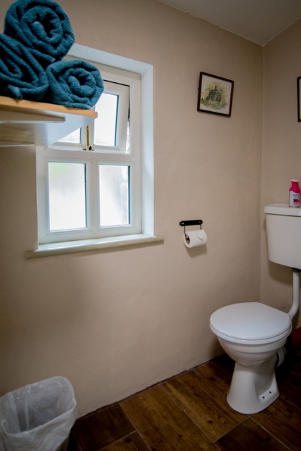 A bathroom with a toilet, a window, a roll of toilet paper, a trash bin, and a framed picture on the wall.