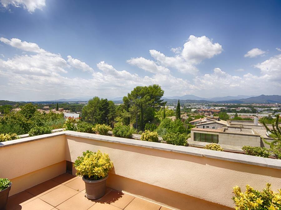 Una terraza en la azotea con plantas en macetas, cielo despejado y un horizonte urbano a lo lejos.