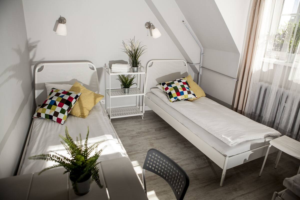 A compact, well-lit room with two single beds, a small desk, and a chair. There are two potted plants, a shelf with towels, and a window with curtains.