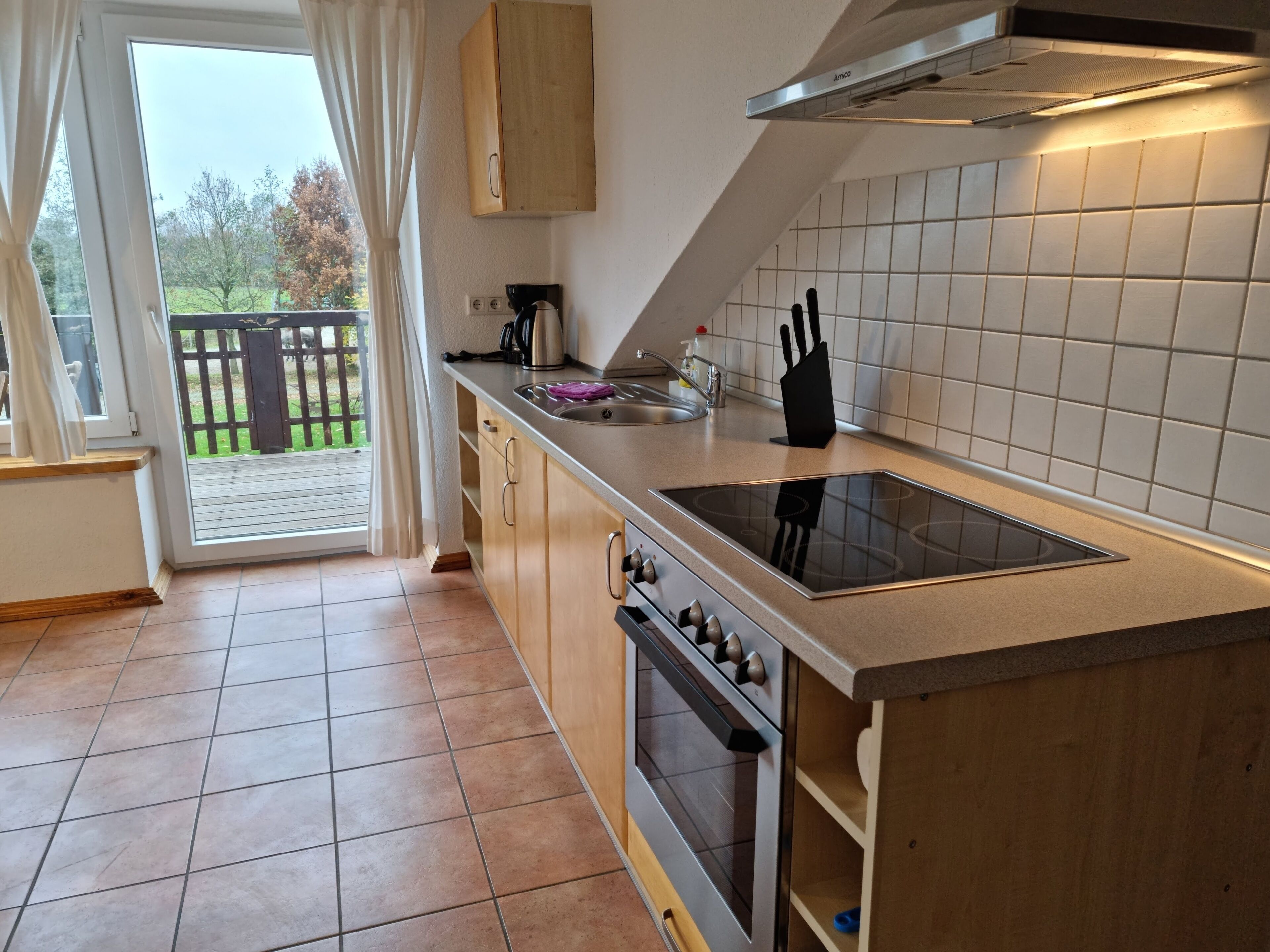 A kitchen with a built-in oven, a stovetop, and a sink.