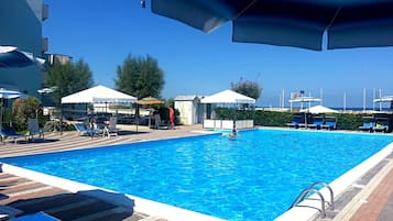 Seasonal outdoor pool, open 8:30 AM to 7:30 PM, pool umbrellas