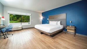 A modern hotel room with a large bed, a desk, a chair, and a view of a garden through a large window. - Tru by Hilton Minneapolis Mall of America (Bloomington)