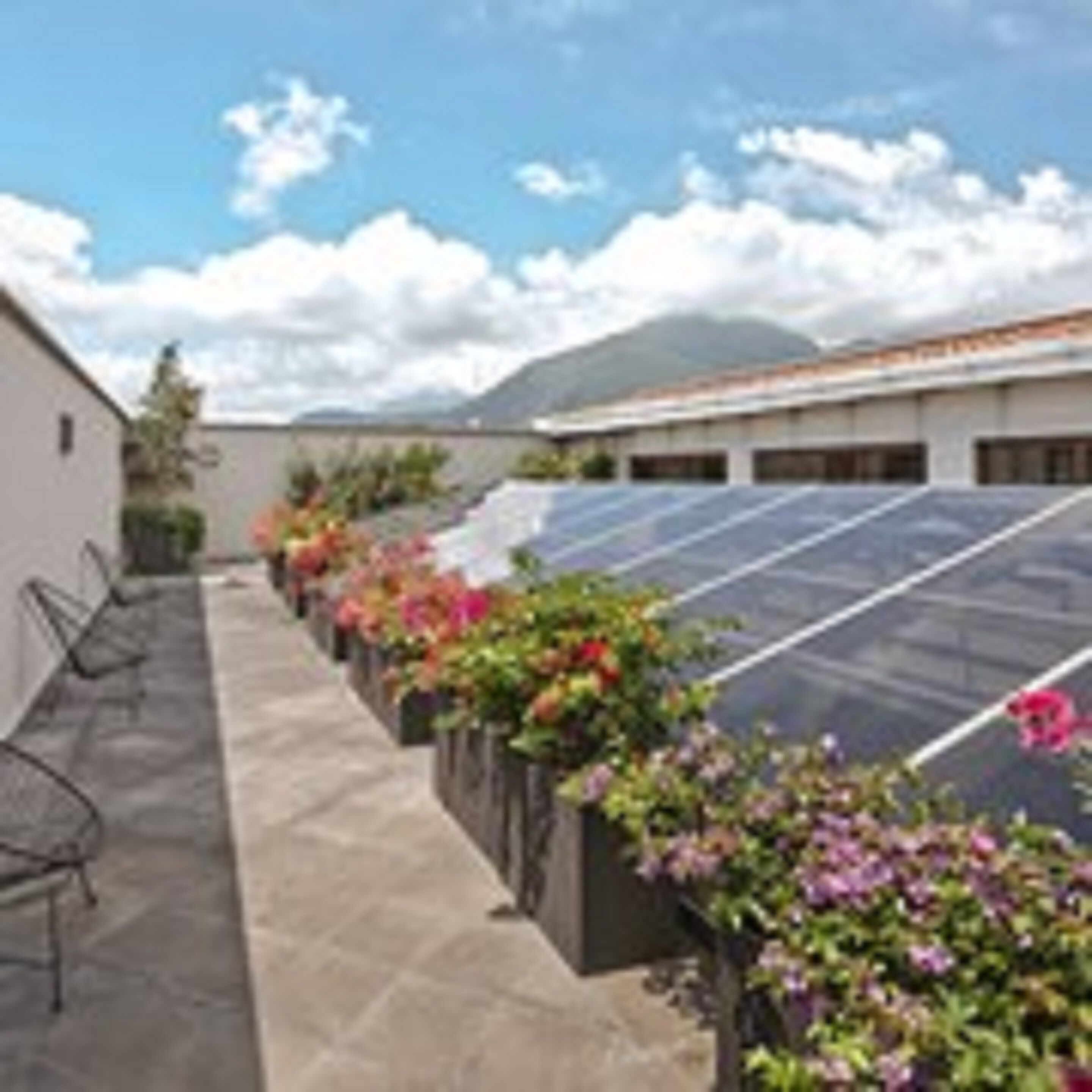 A rooftop with solar panels and flower beds.