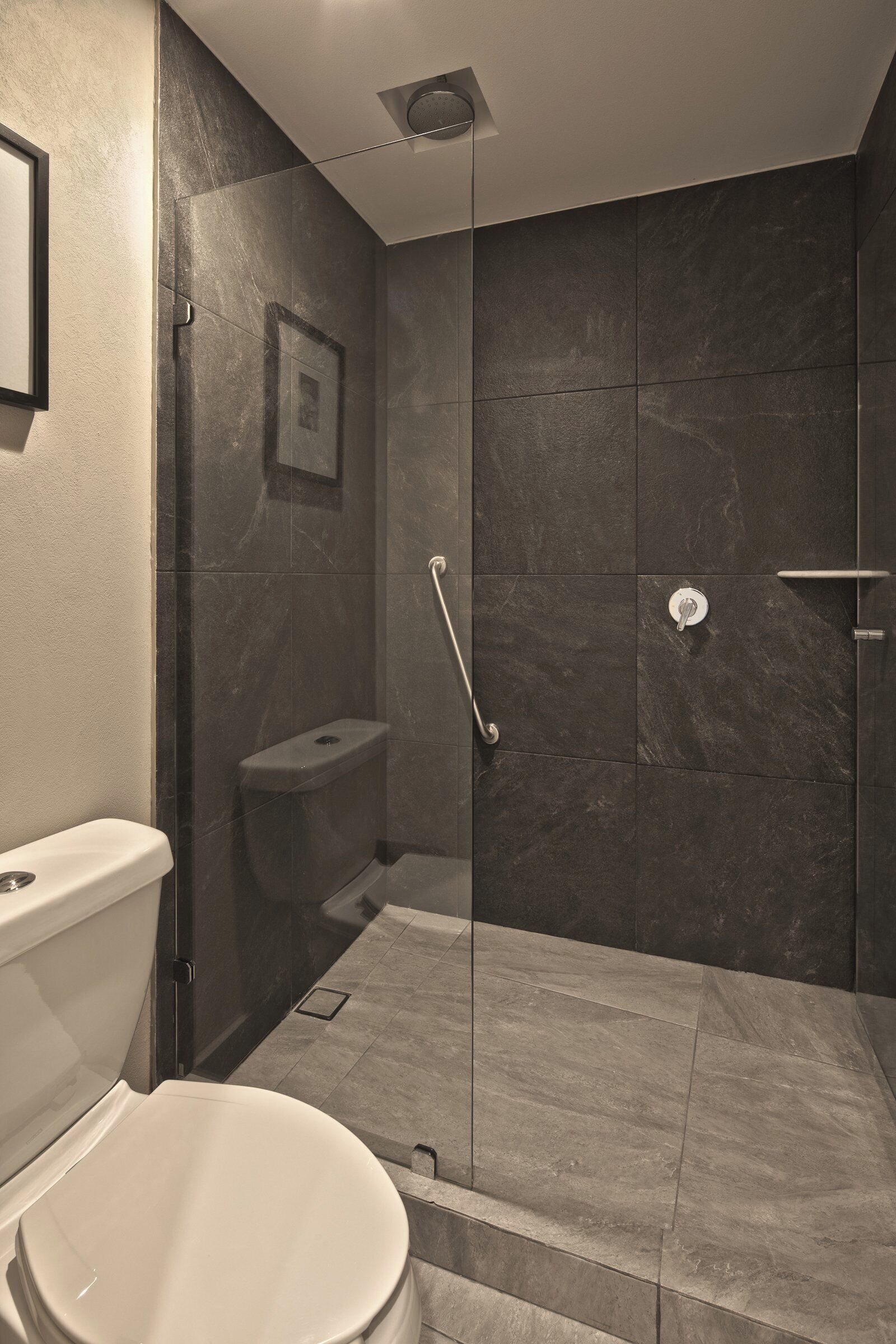 A modern bathroom with a glass-enclosed shower, a toilet, and a framed picture on the wall.