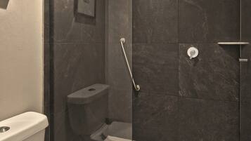 A modern bathroom with a glass-enclosed shower, a toilet, and a framed picture on the wall.