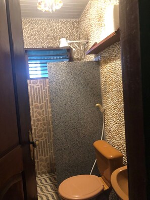 Ducha, secador de pelo, toallas, jabón