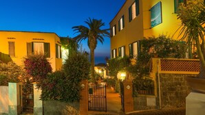 A traditional Mediterranean-style building with a stone entrance, a palm tree, and a well-lit facade. - Hotel Monti (Casamicciola Terme)