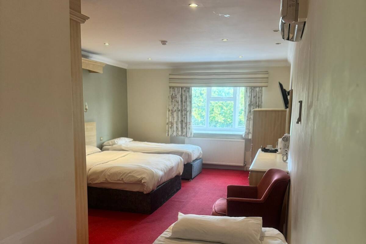 A hotel room with two single beds, a red carpet, a desk with a chair, and a window with curtains.