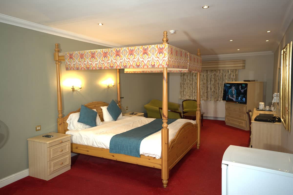 A four-poster canopy bed with a wooden frame and a patterned canopy, a bedside table with a lamp, a green chair, a television, and a dresser.