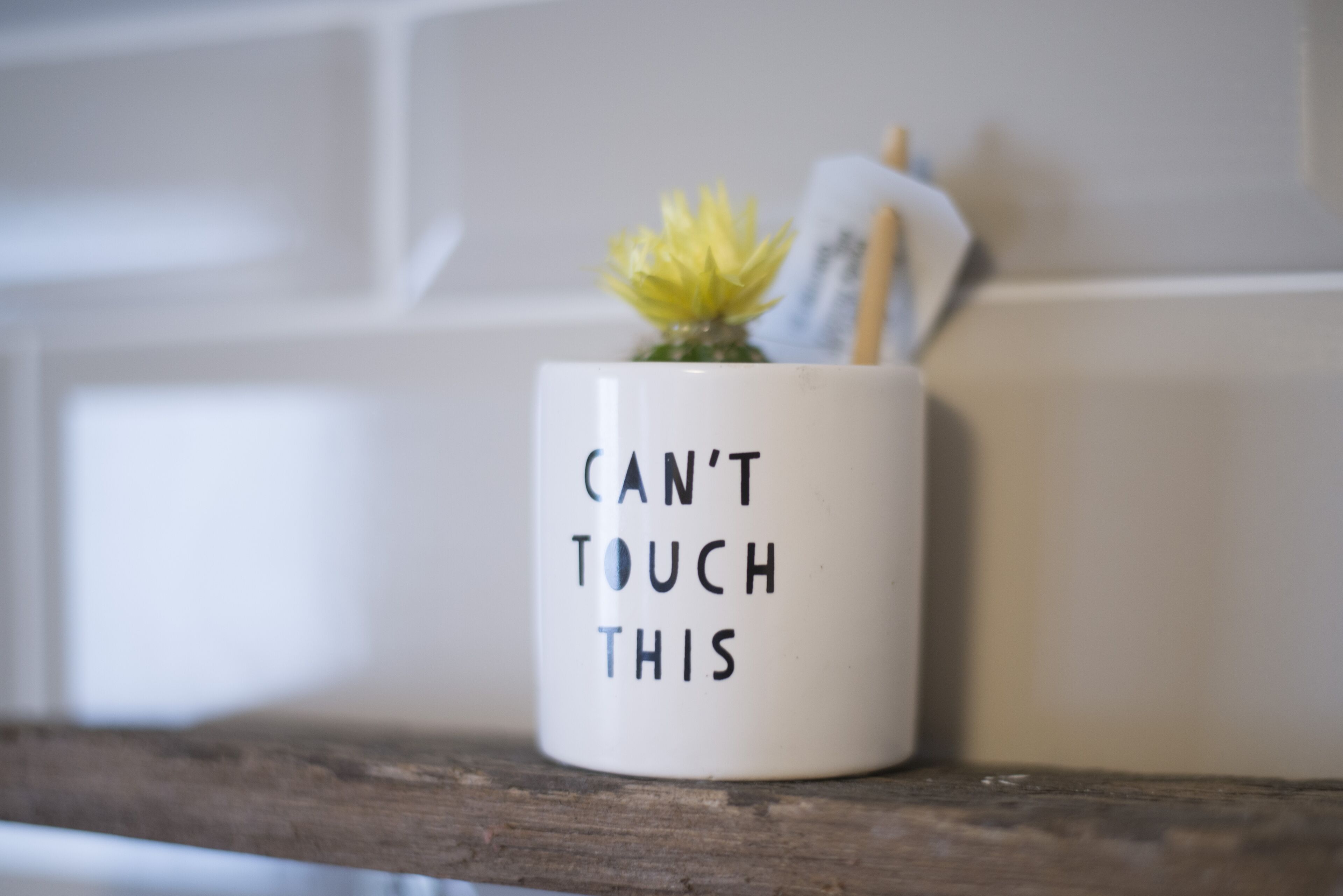 A white mug with the text "CAN'T TOUCH THIS" and a small yellow flower on top, placed on a wooden surface.