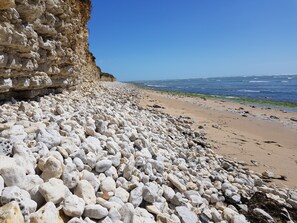 Une plage rocheuse avec une falaise et une vue sur l’océan.