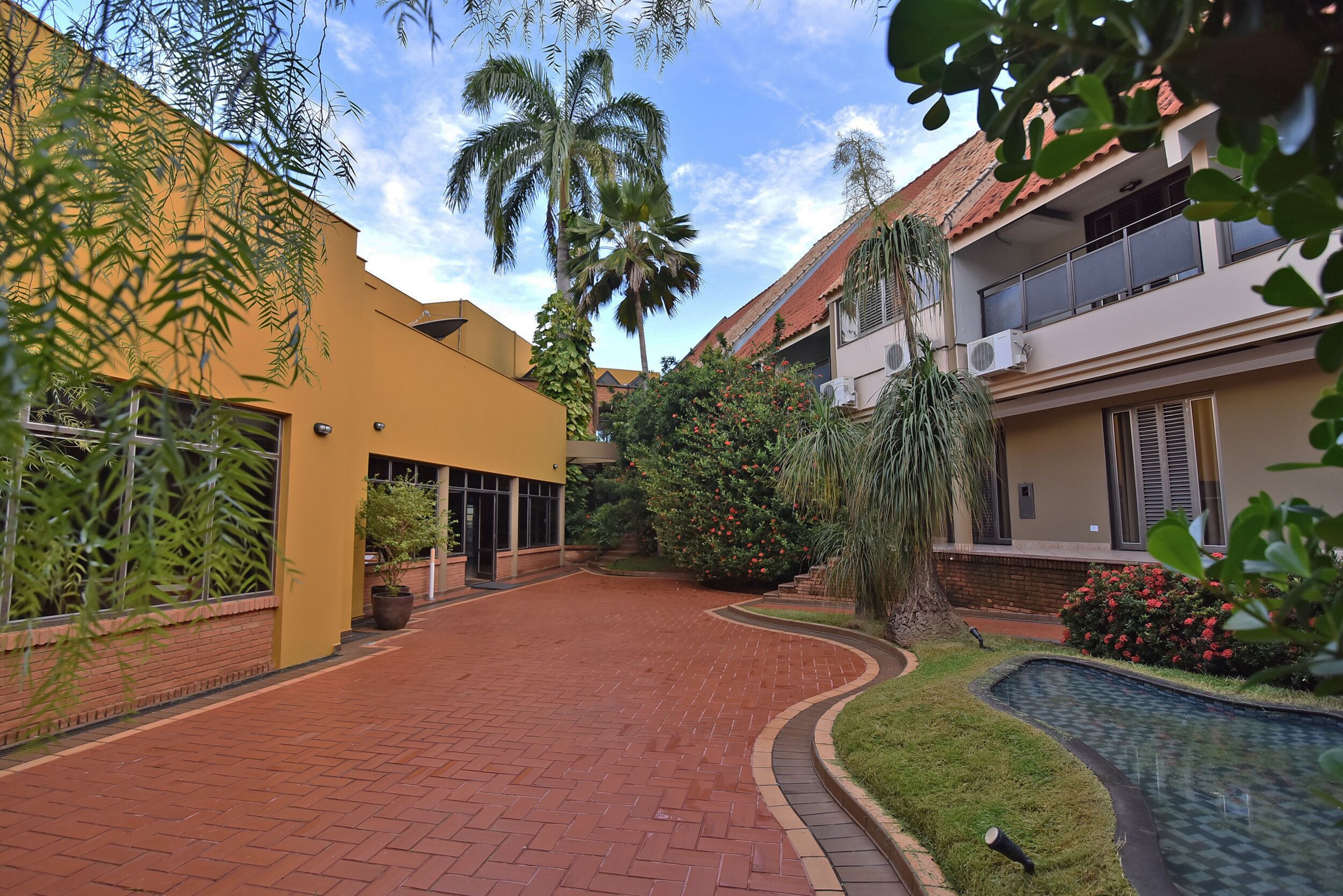 A courtyard with a brick pathway, palm trees, and a small pool.
