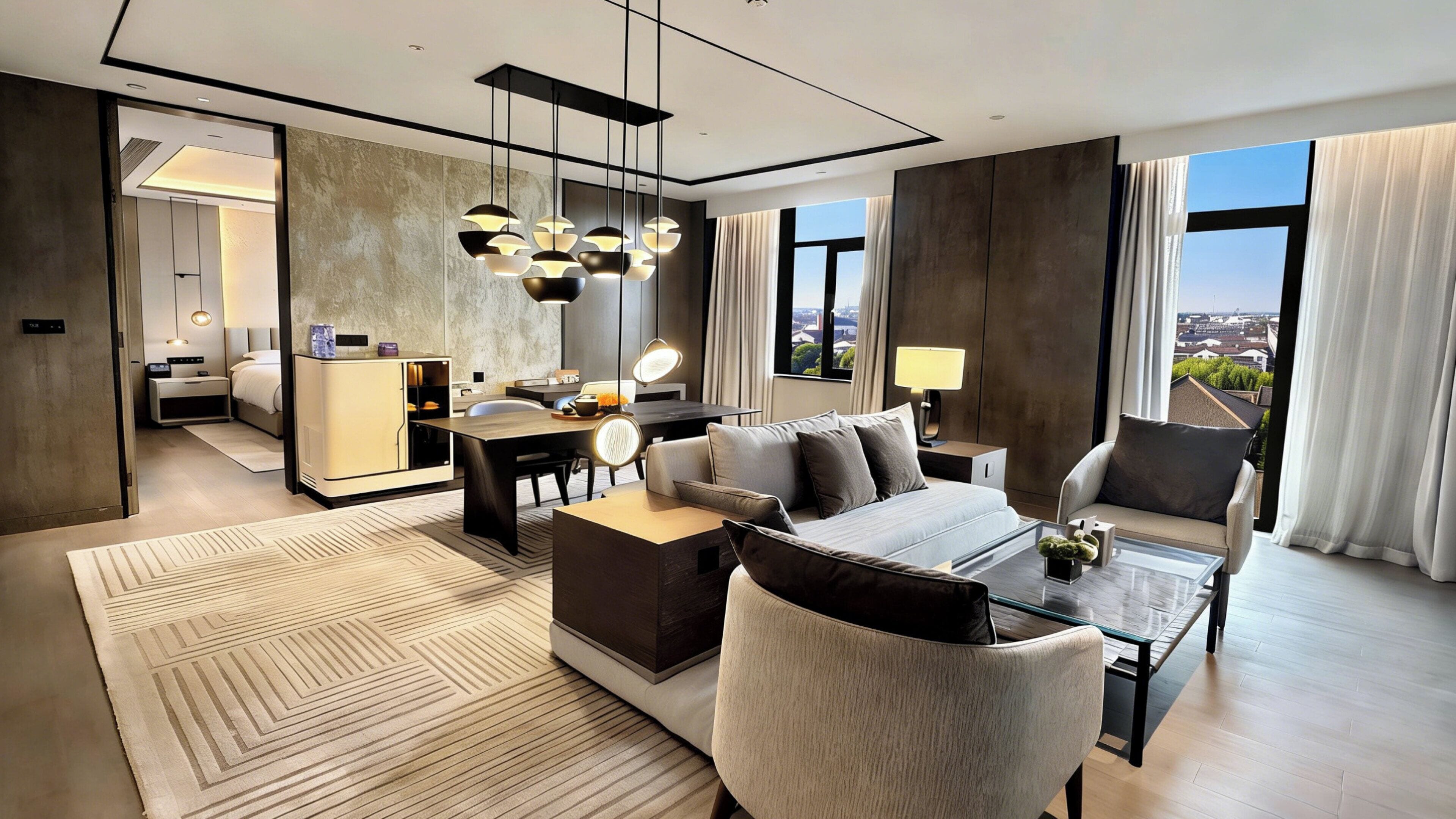 Une chambre d’hôtel moderne, dotée d’un canapé, d’un fauteuil et d’une table basse. On y trouve un bureau avec une lampe, et de grandes fenêtres offrent une vue sur la ville.
