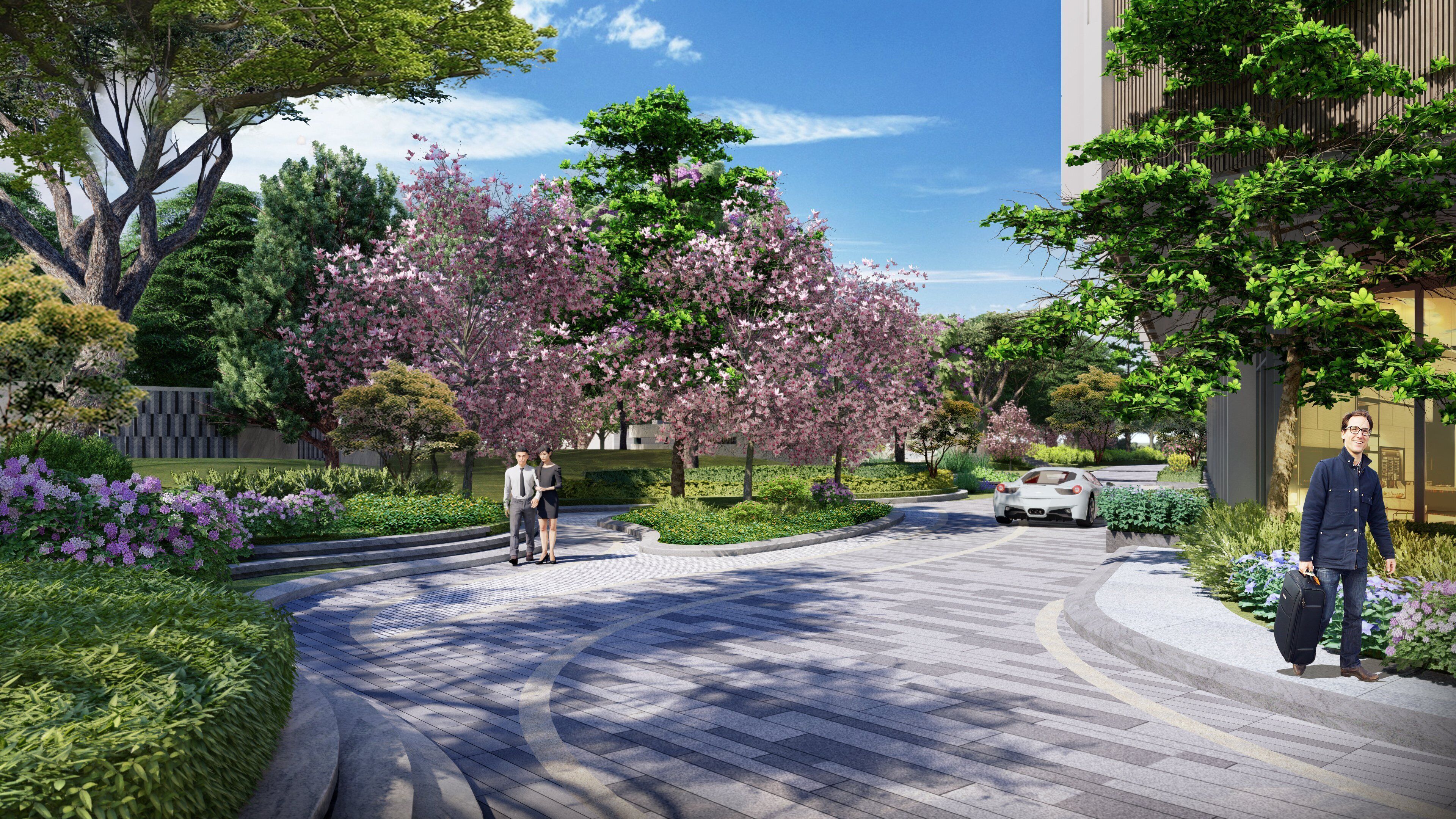 A landscaped residential area with a curved pathway, trees, and a parked car.