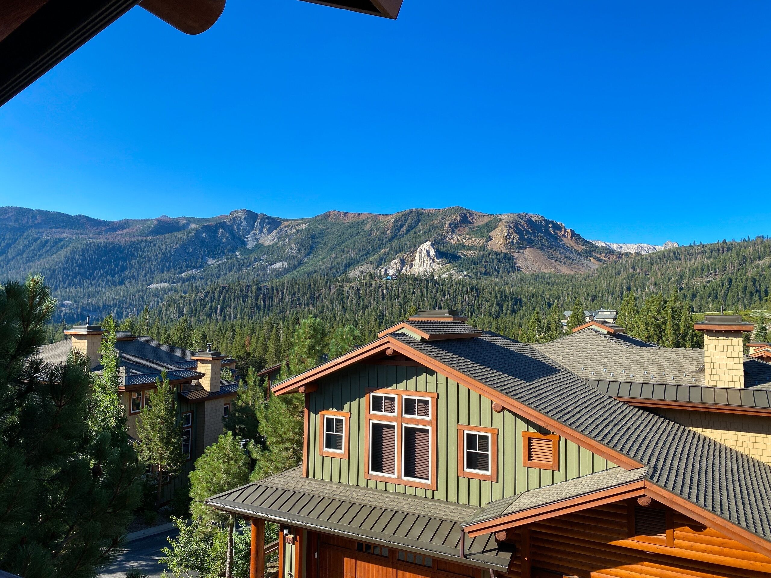 A mountain cabin with a green exterior and a sloped roof, surrounded by trees and mountains.
