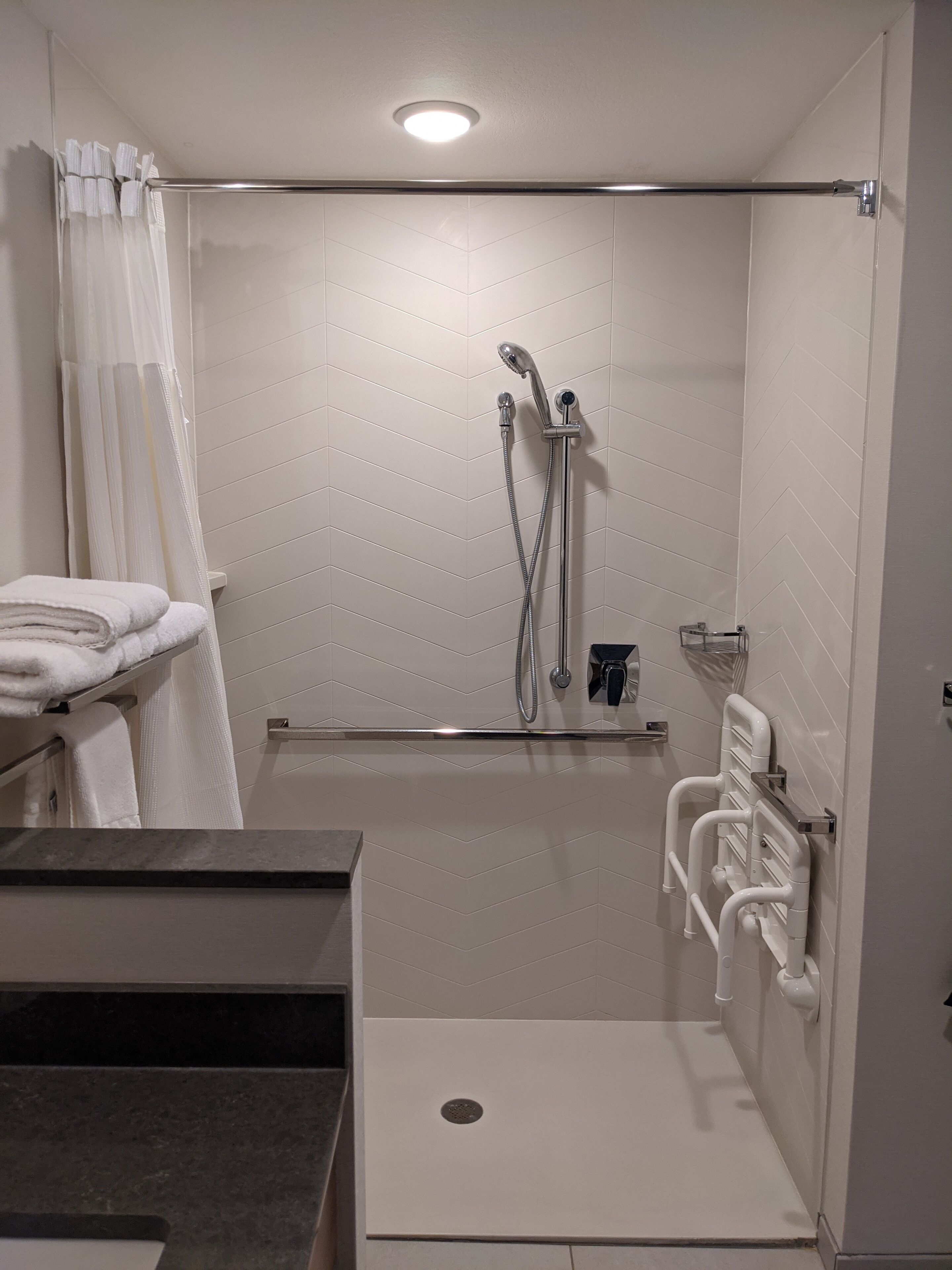 A modern bathroom with a shower, a toilet, and a sink.