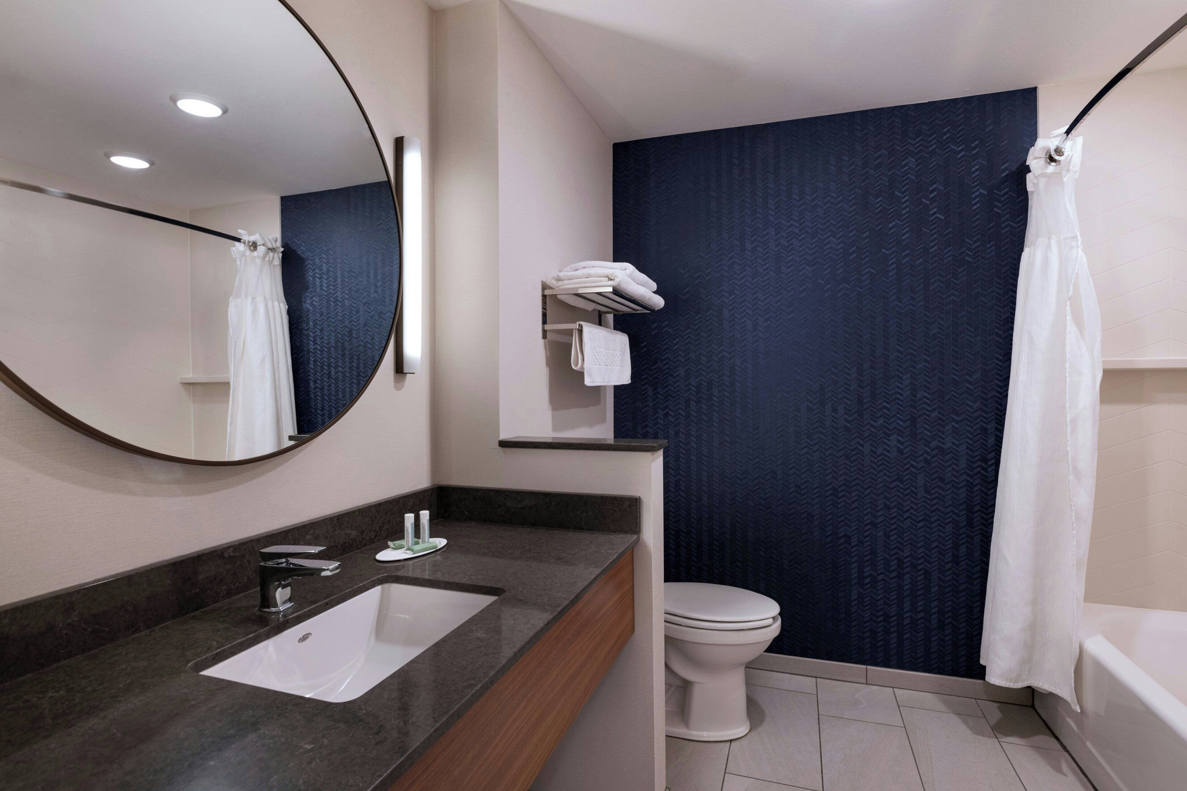 A modern bathroom with a dark blue shower wall, a white toilet, and a vanity with a mirror and sink.