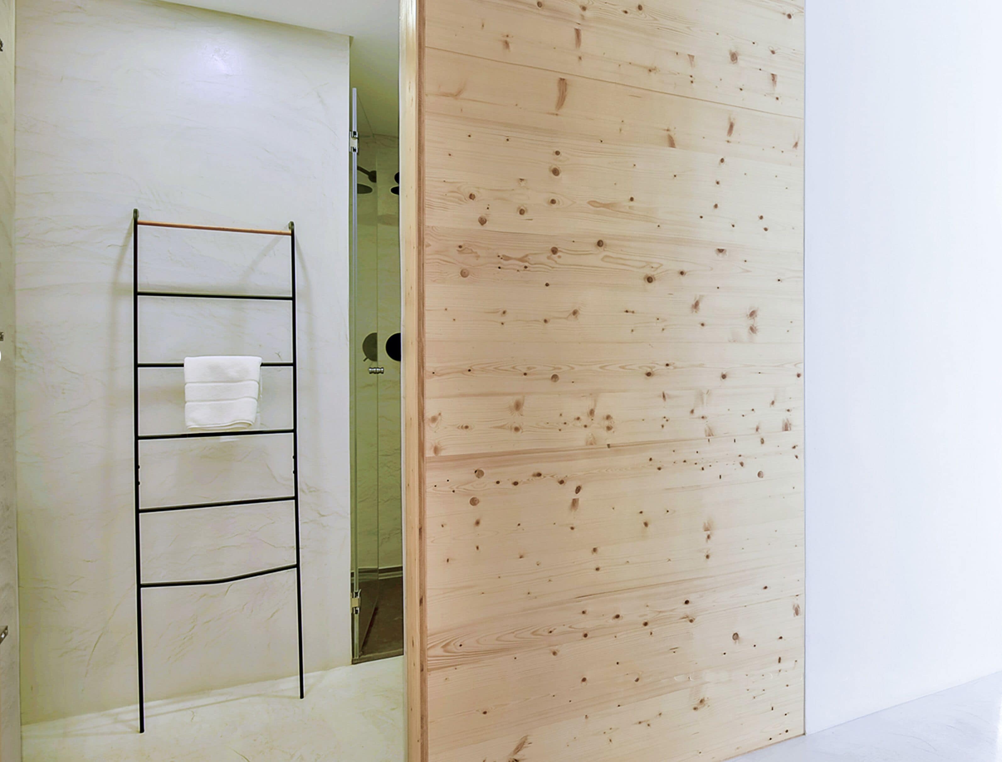 Une salle de bain avec une porte en bois, un porte-serviettes et un miroir.
