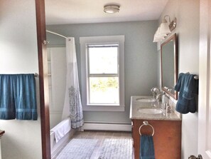 Hair dryer, towels, soap, shampoo