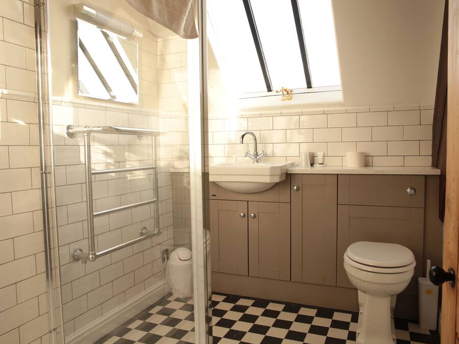 Un bany amb terra de pissos, un box de dutxa de vidre, un lavabo i un vàter.