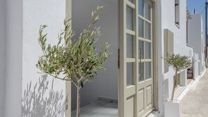 A white building with a door and windows, a small tree in front, and a shadow on the wall. - Elegant Apartments (Naxos)