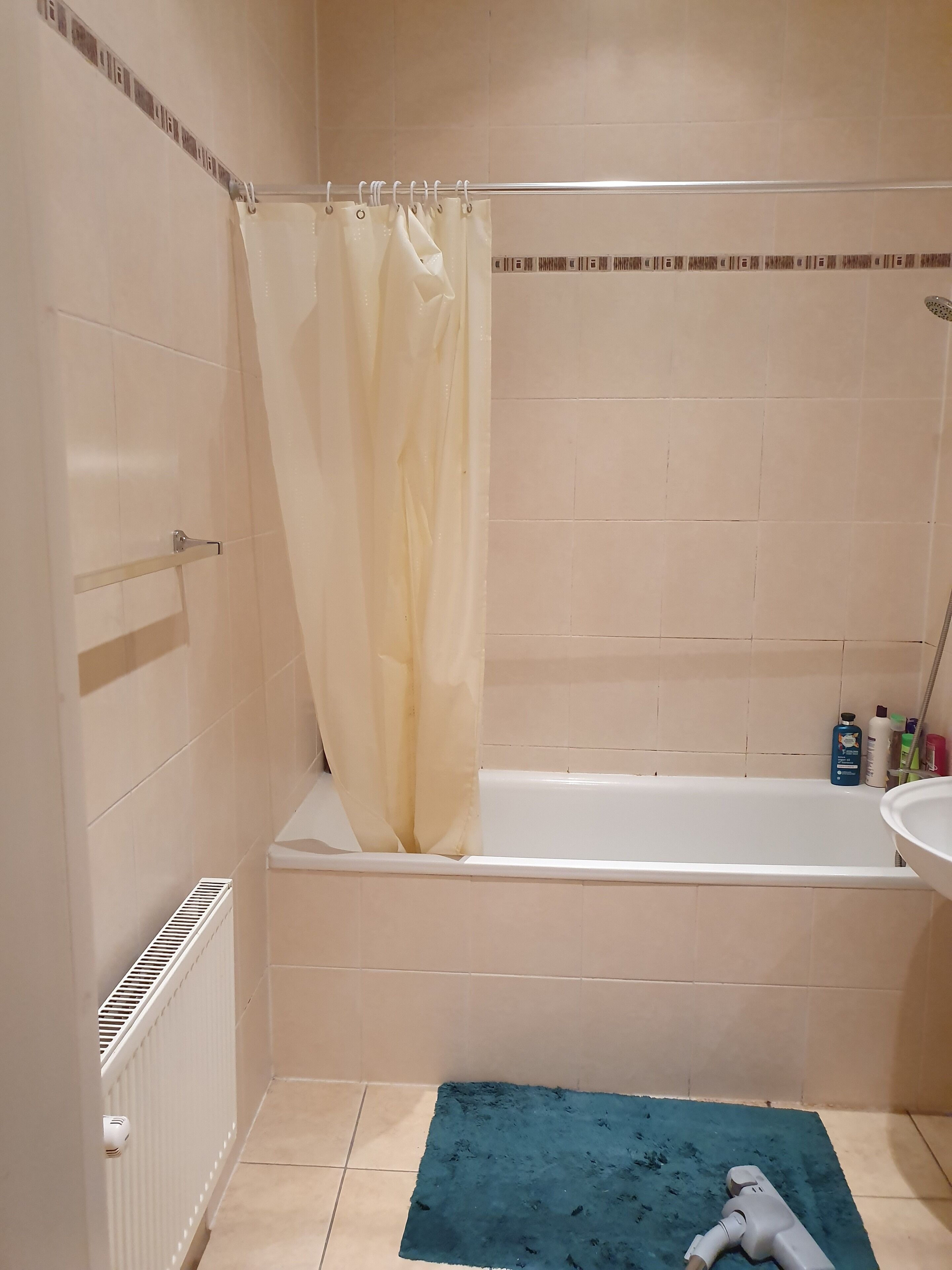 Ein Badezimmer mit Badewanne, Duschvorhang, Radiator und einer blauen Matte auf dem Boden.