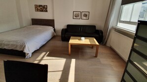 Une chambre à coucher avec un lit, un canapé noir, une table basse en bois et deux tableaux encadrés accrochés au mur.