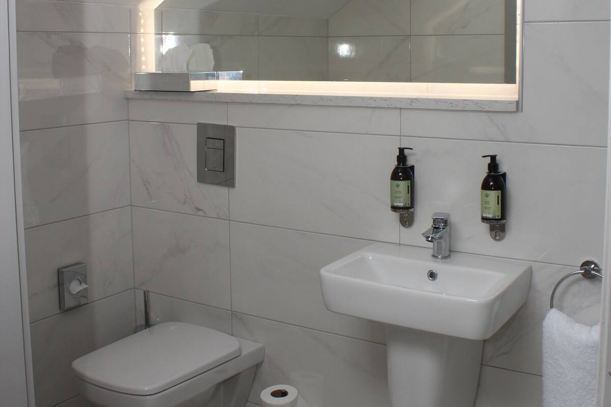 A modern bathroom with a toilet, sink, and mirror.
