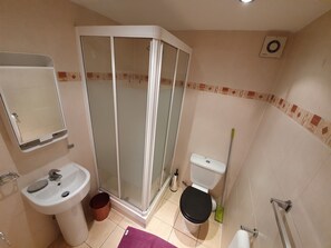 A bathroom with a shower, sink, toilet, and a mirror.