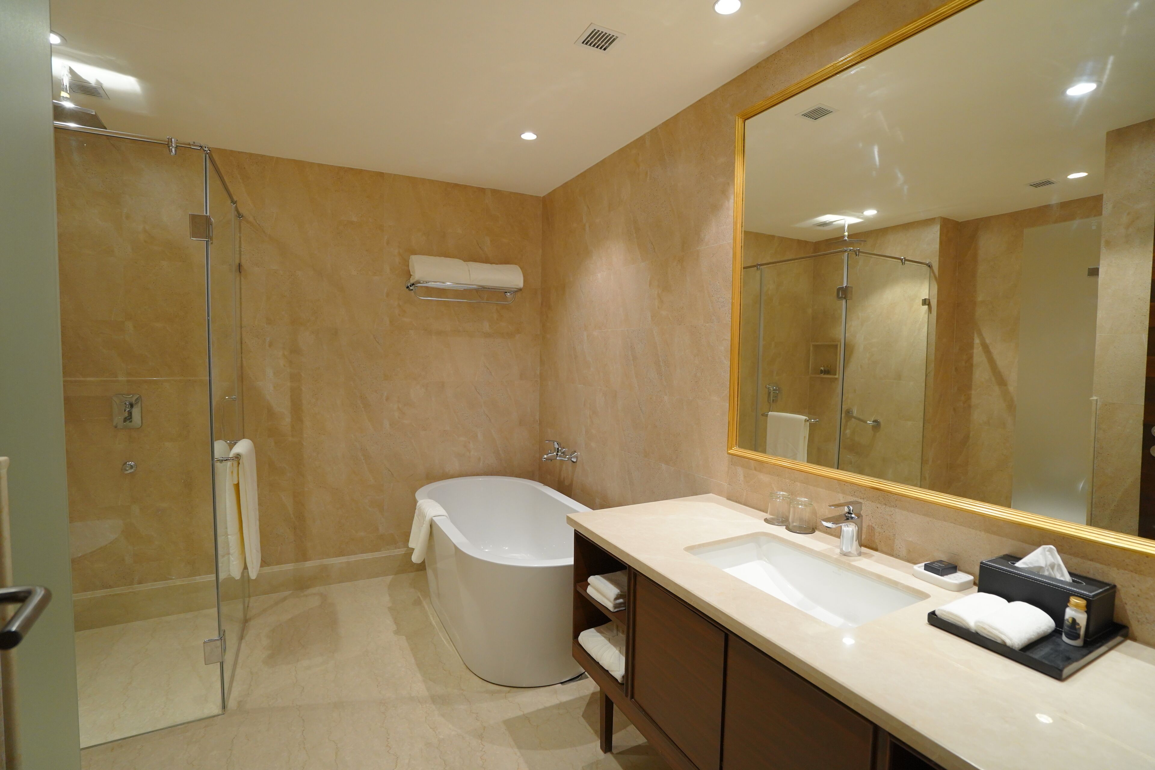 deluxe room, 1 king bed | bathroom | rainfall showerhead, designer toiletries, hair dryer, bathrobes