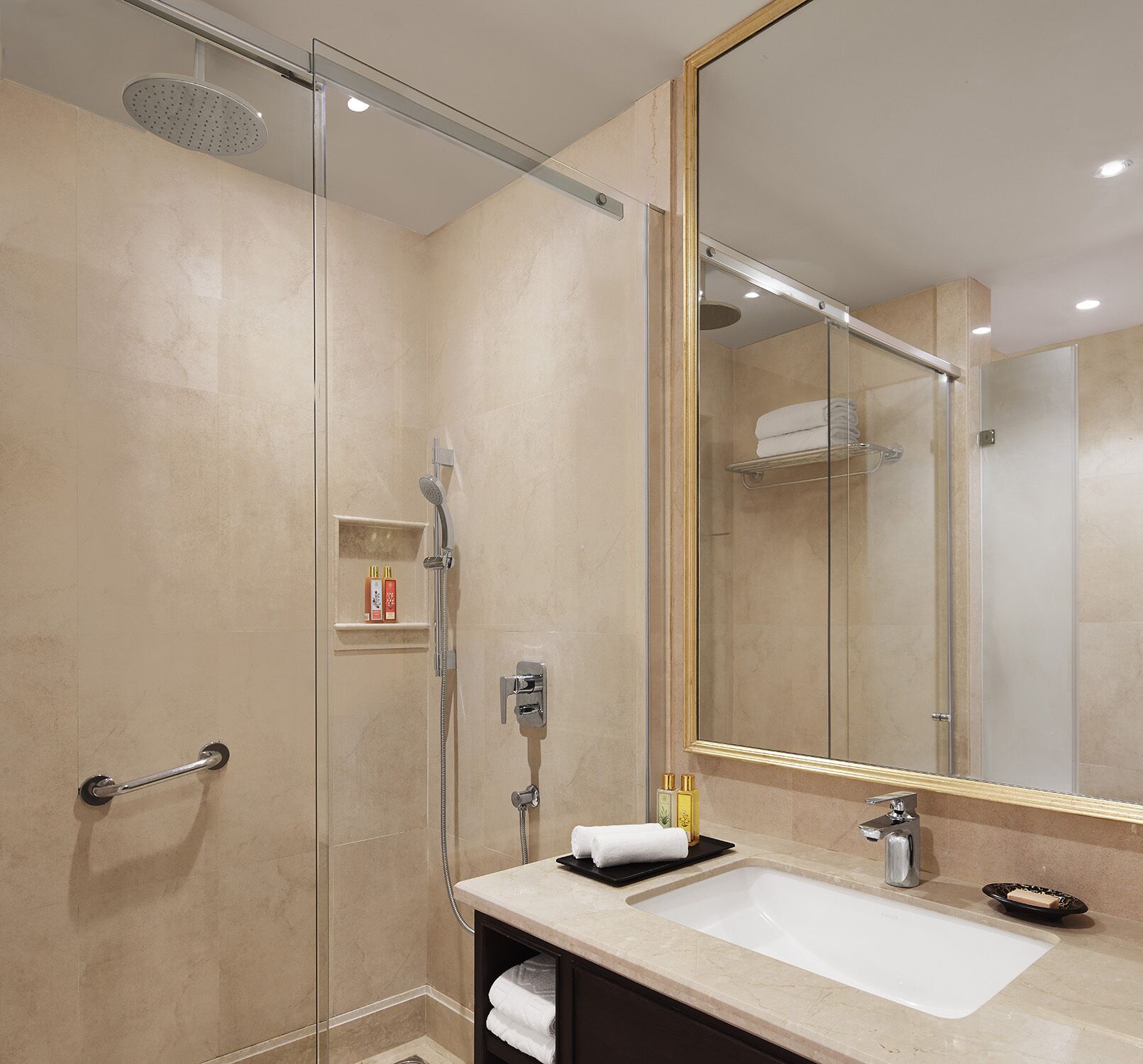 rainfall showerhead, designer toiletries, hair dryer, bathrobes