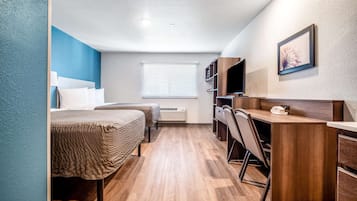 Desk, laptop workspace, free WiFi, bed sheets