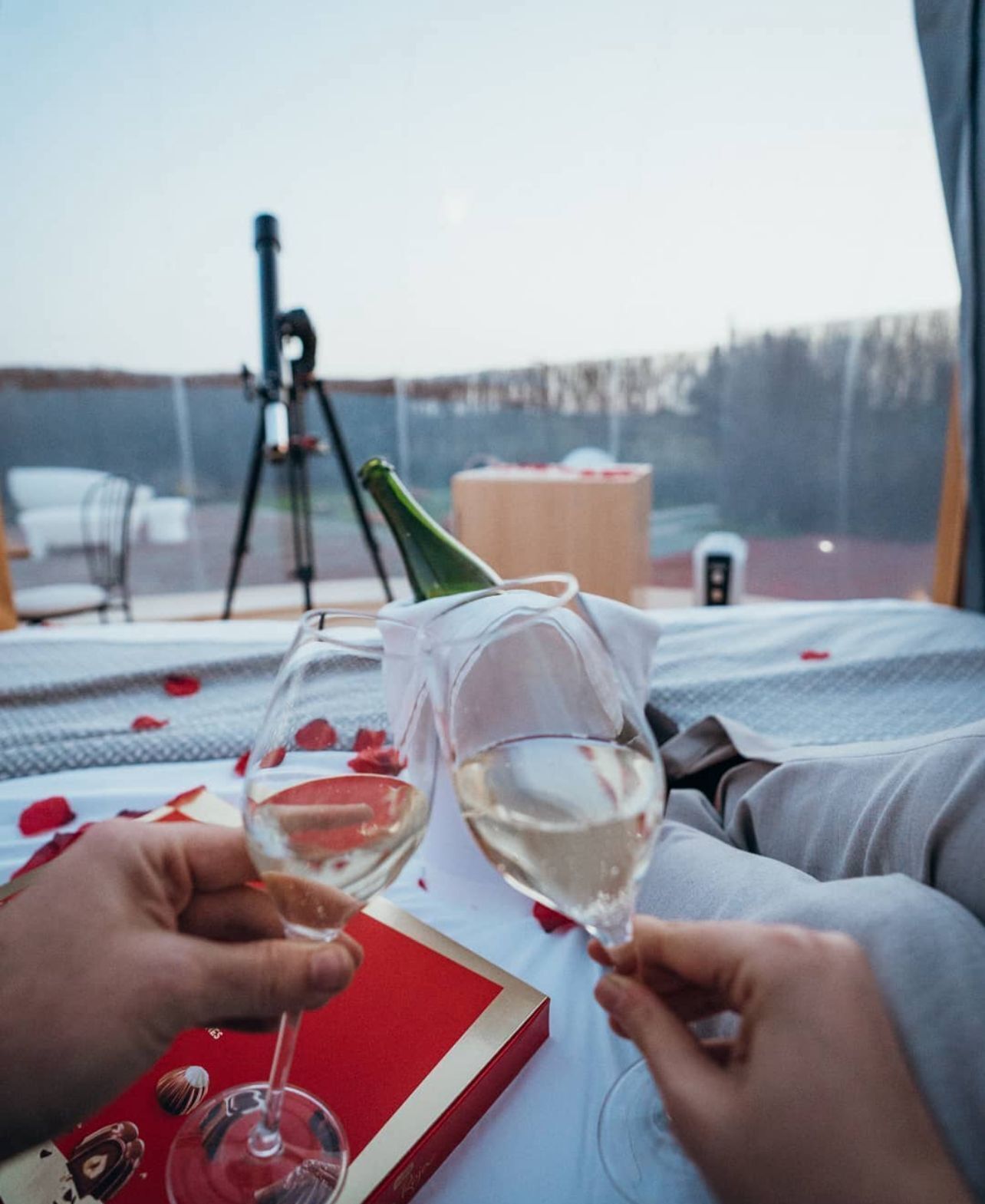 A person holding two wine glasses, a book, and a bottle on a bed with a view of a snowy landscape.