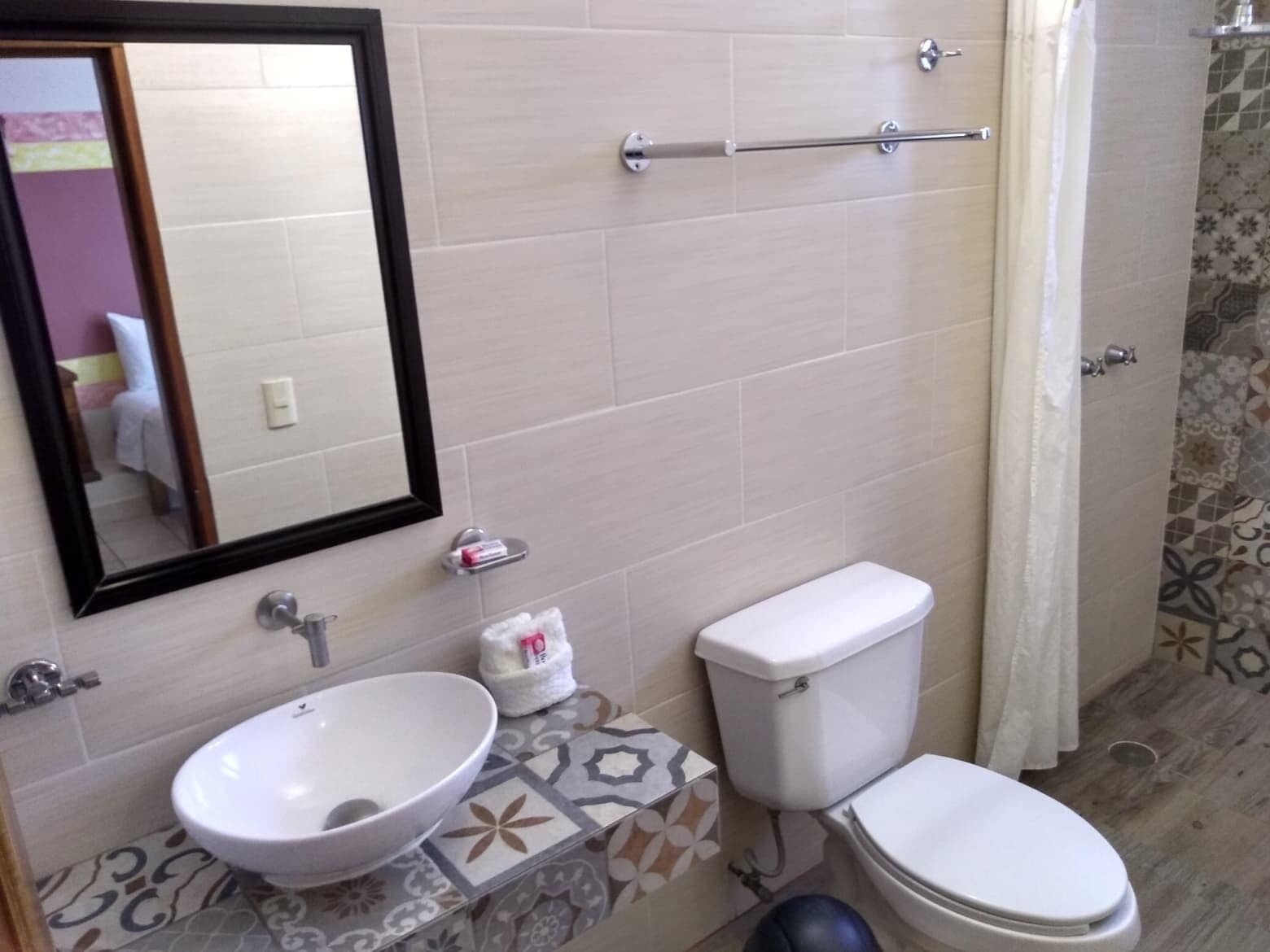 family room | bathroom | shower, hair dryer, towels, soap