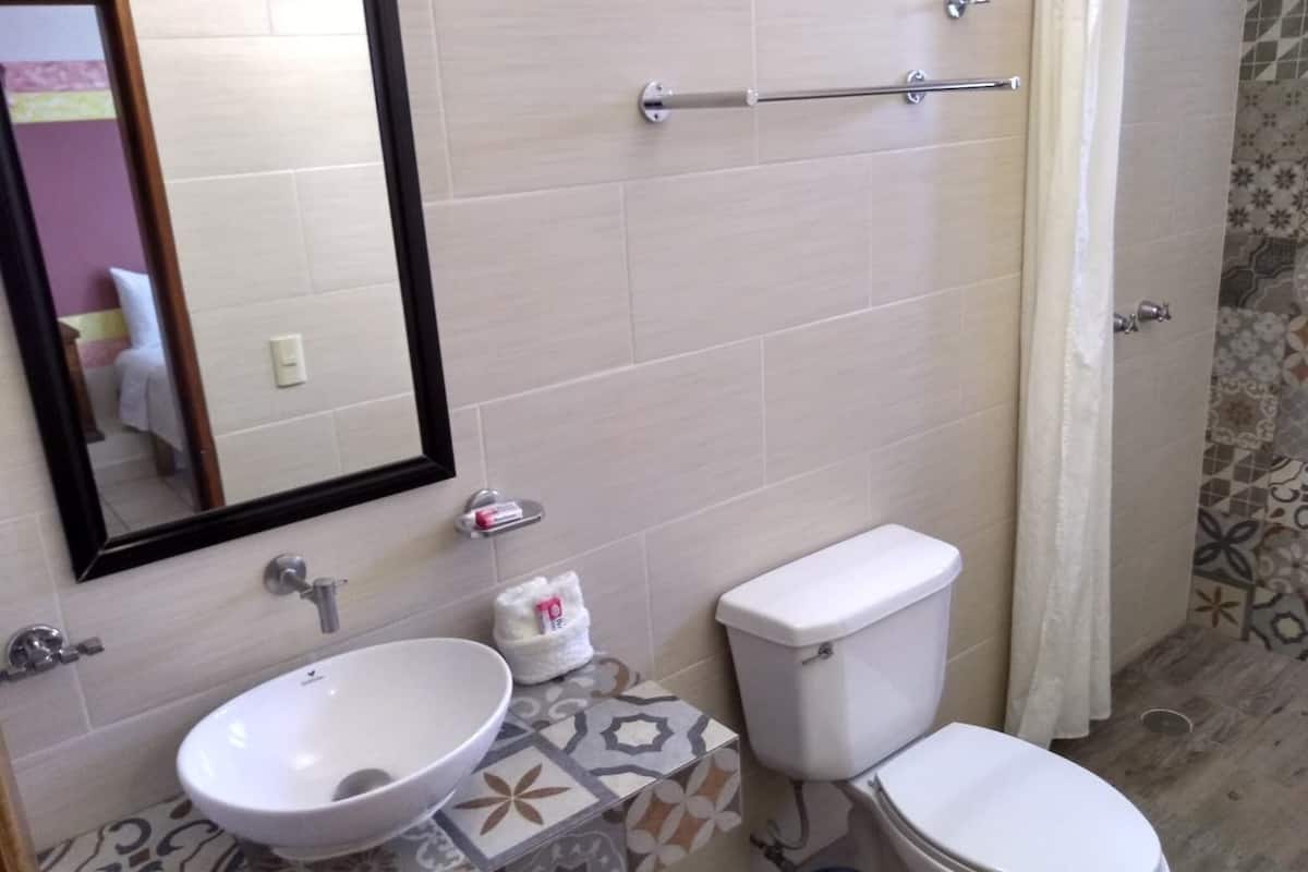 family room | bathroom | shower, hair dryer, towels, soap
