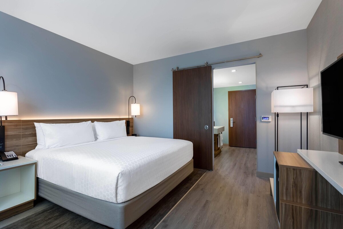 Habitación de hotel con una cama grande, lámparas de noche, un escritorio con teléfono, televisor y piso de madera.
