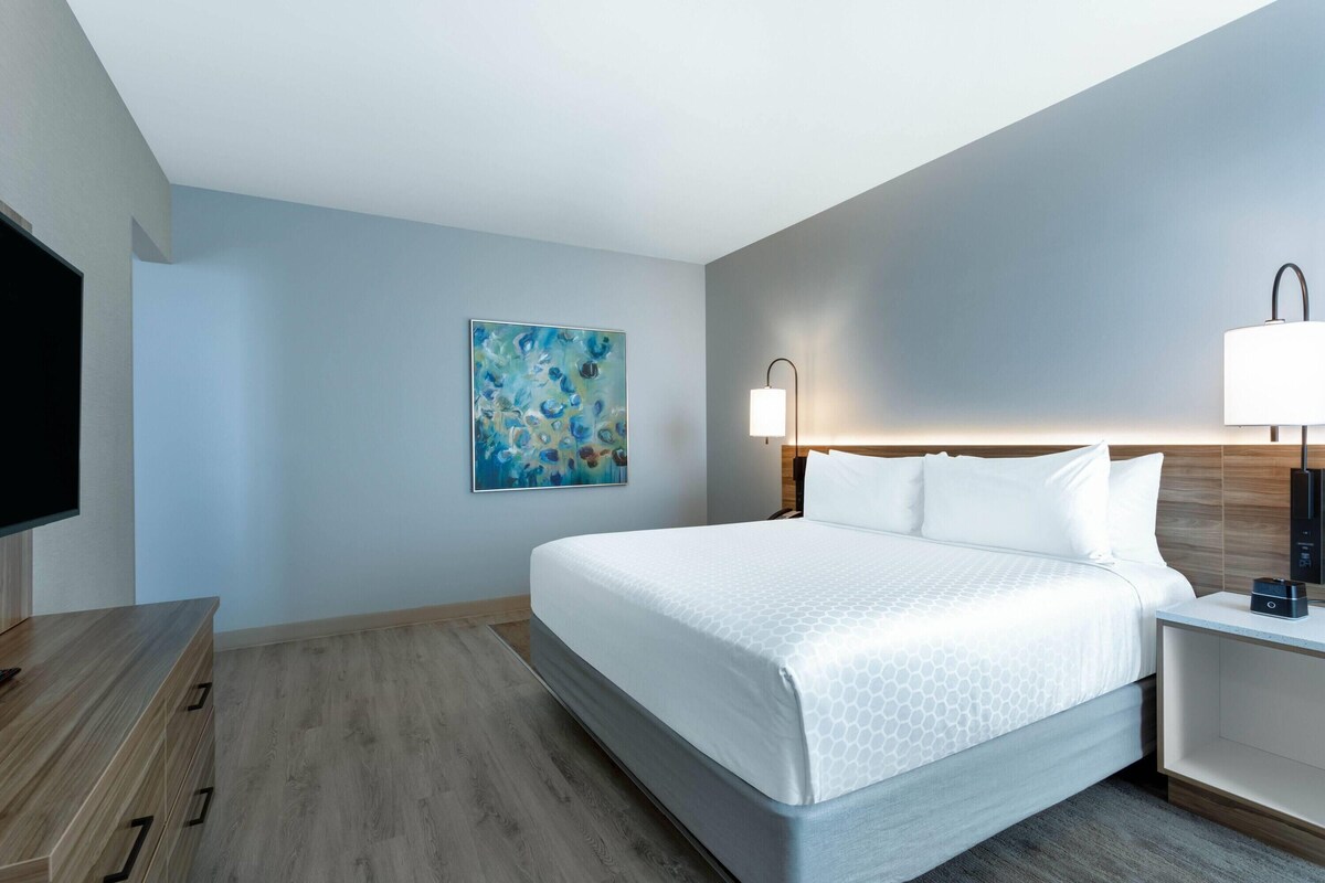 Una habitación de hotel con cama, televisión, un cuadro, mesita de noche y lámpara.