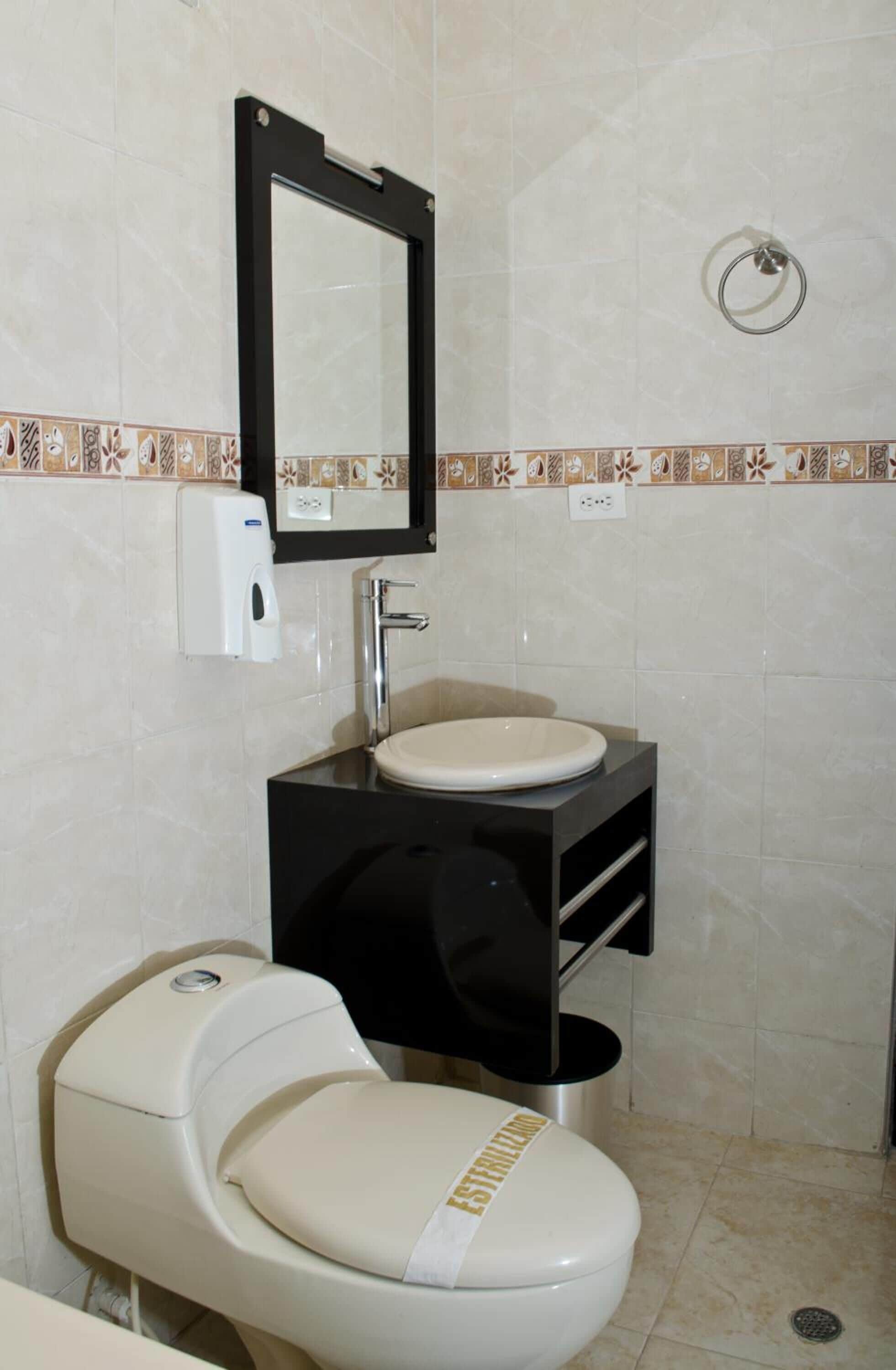 Un baño con inodoro, lavabo y espejo.
