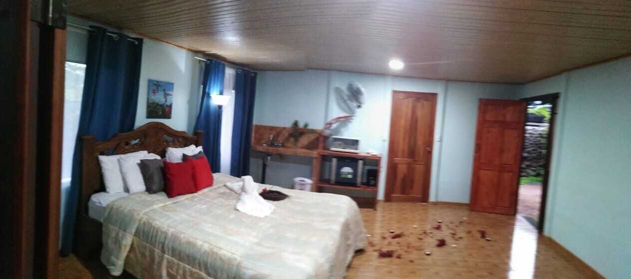 Un dormitorio con una cama, cabecera de madera, un escritorio con silla, un ventilador y una puerta.