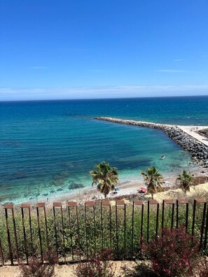 Vista costeira com águas azul-claras, um molhe rochoso e uma praia arenosa com palmeiras.