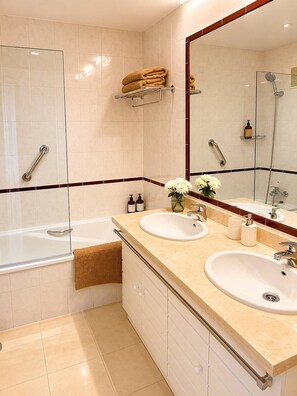Hair dryer, bidet, towels, soap