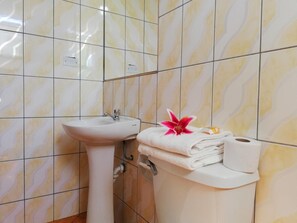 Een douche, handdoeken, zeep, toiletpapier