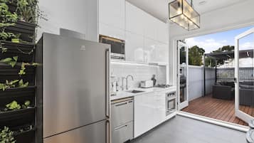 Full-sized fridge, microwave, oven, stovetop