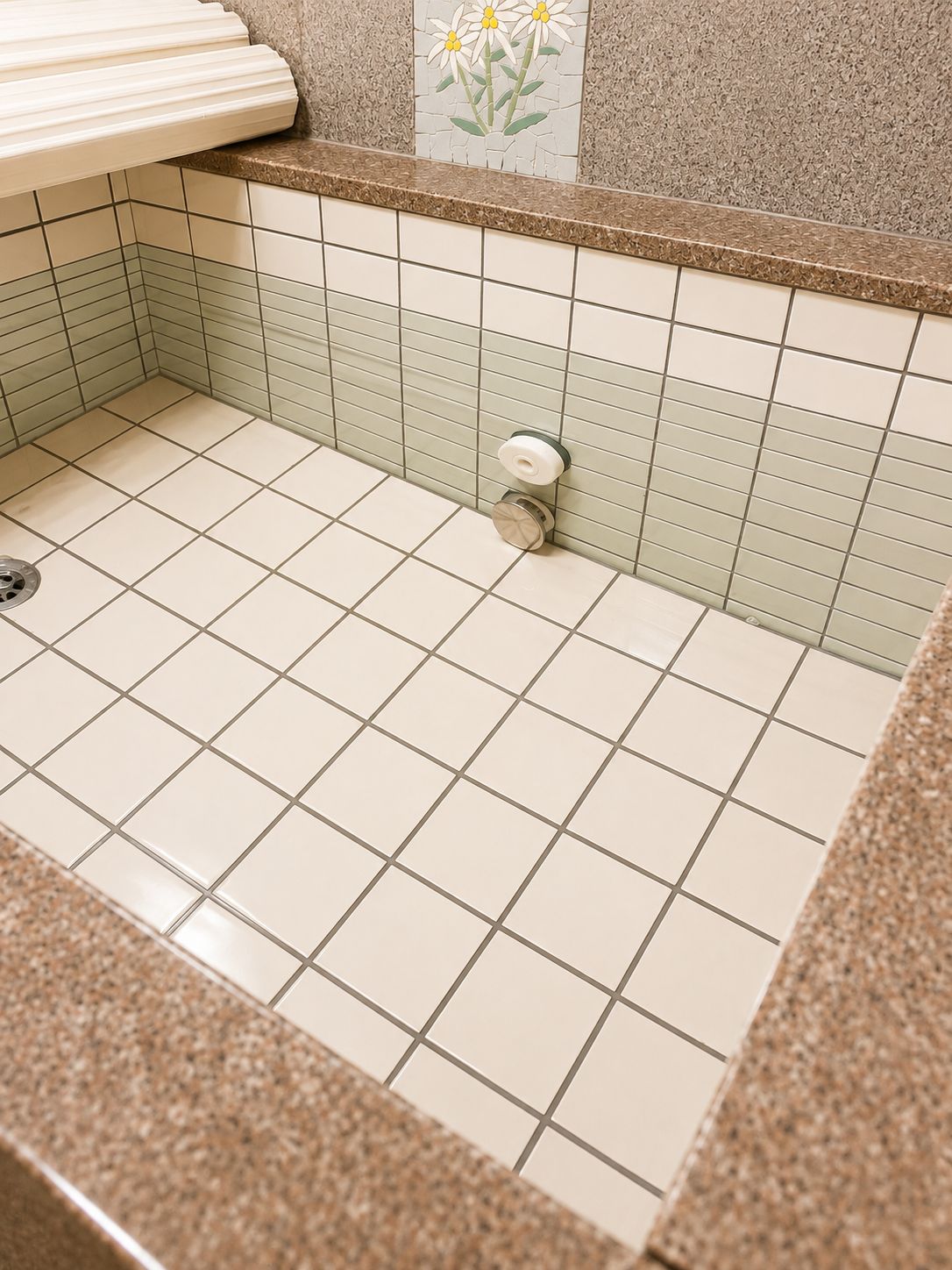 A bathroom with a tiled floor, a shower area, and a wall-mounted toilet.