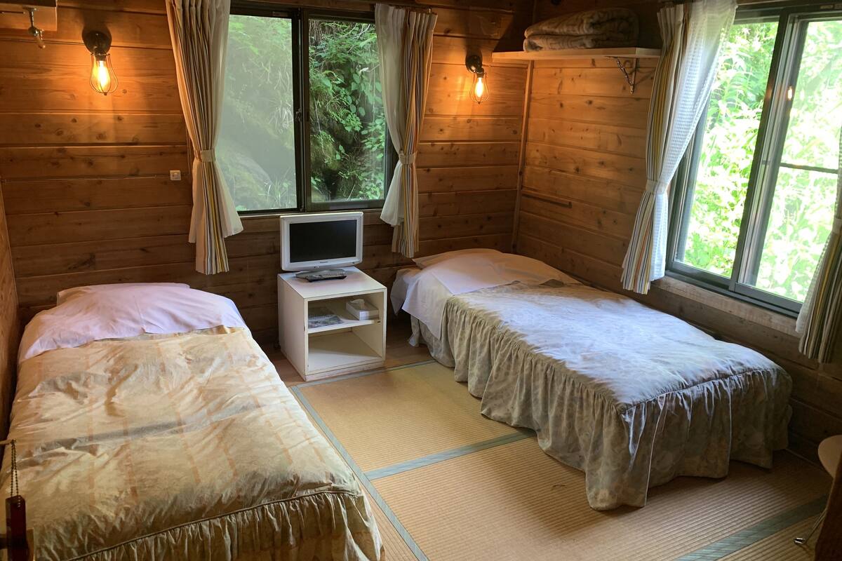 A wooden cabin room with two beds, a television on a small table, and curtains on the windows.