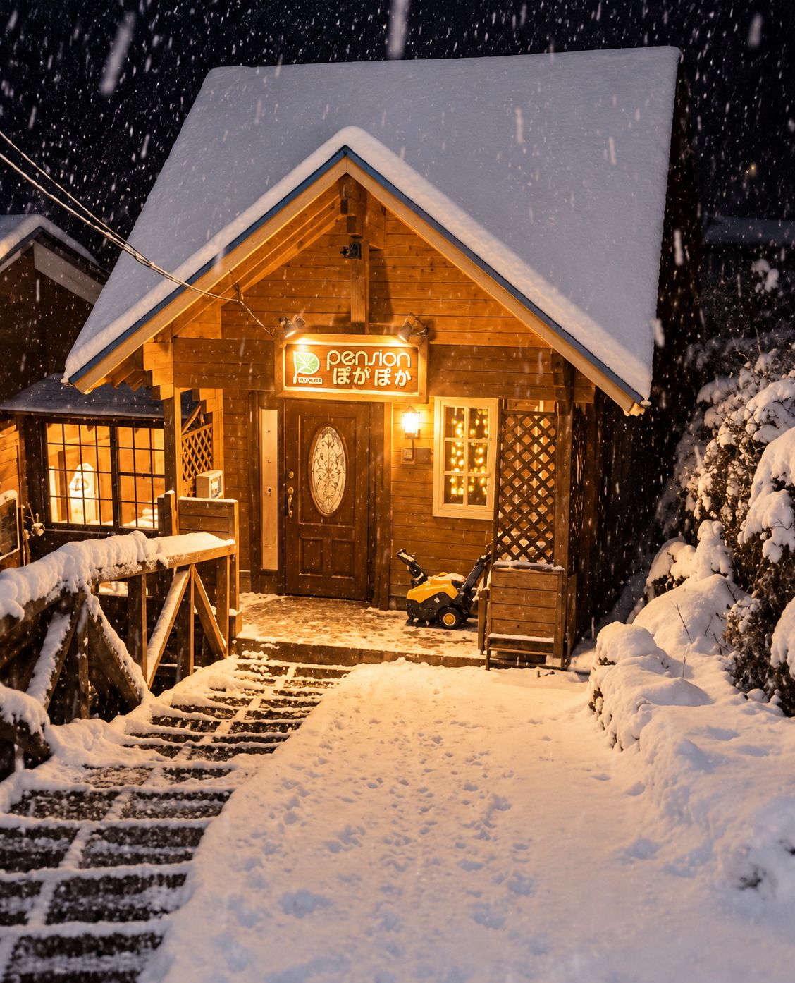 A wooden cabin with a snow-covered roof and a lit sign reading 'pension'.