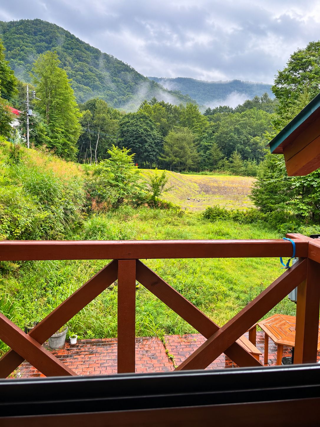 Une vue depuis un balcon doté d’une balustrade en bois, donnant sur un paysage verdoyant et luxuriant, avec une montagne en arrière-plan.