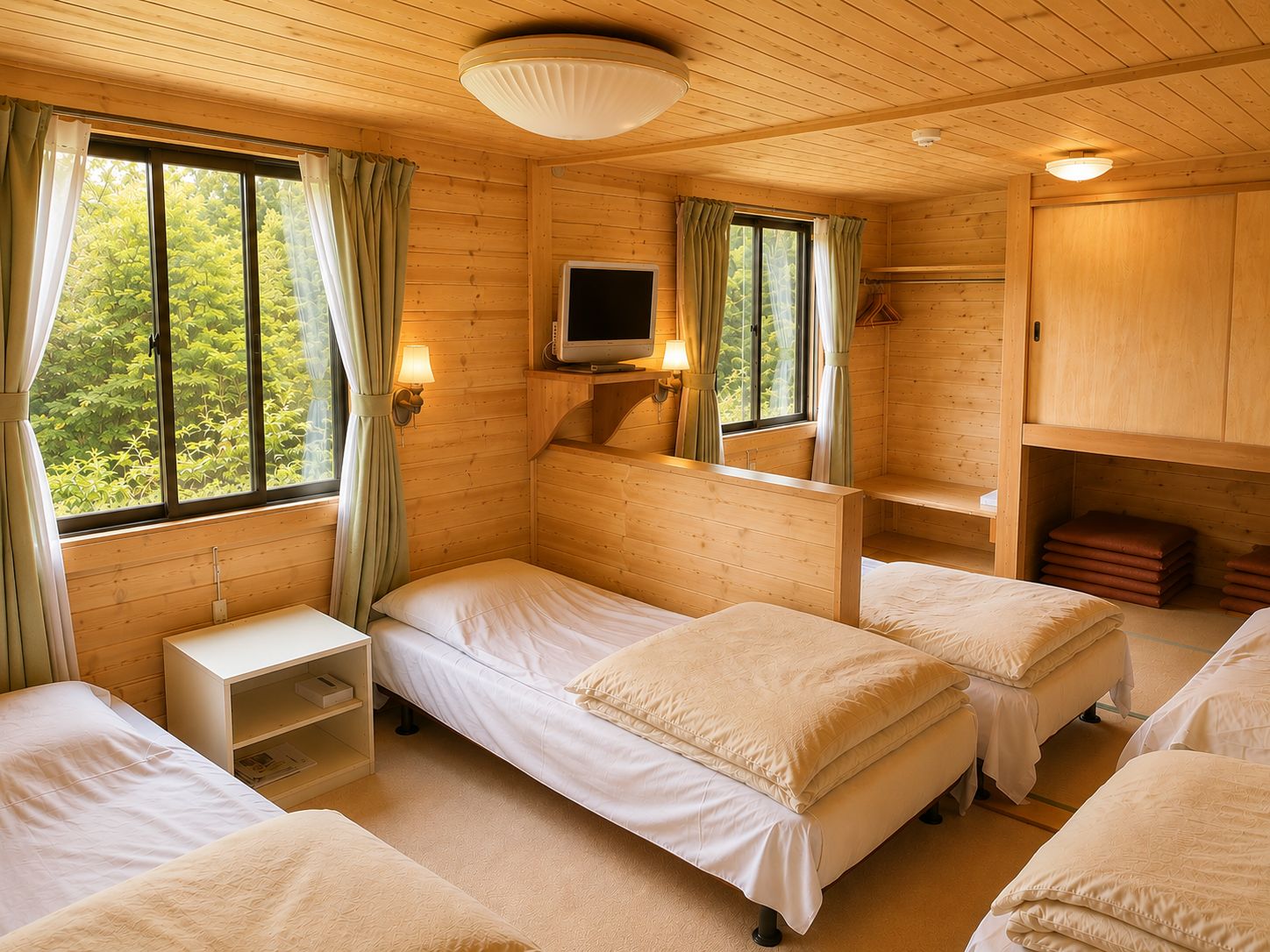 Une chambre de style cabane avec trois lits, une télévision et une fenêtre avec des rideaux.
